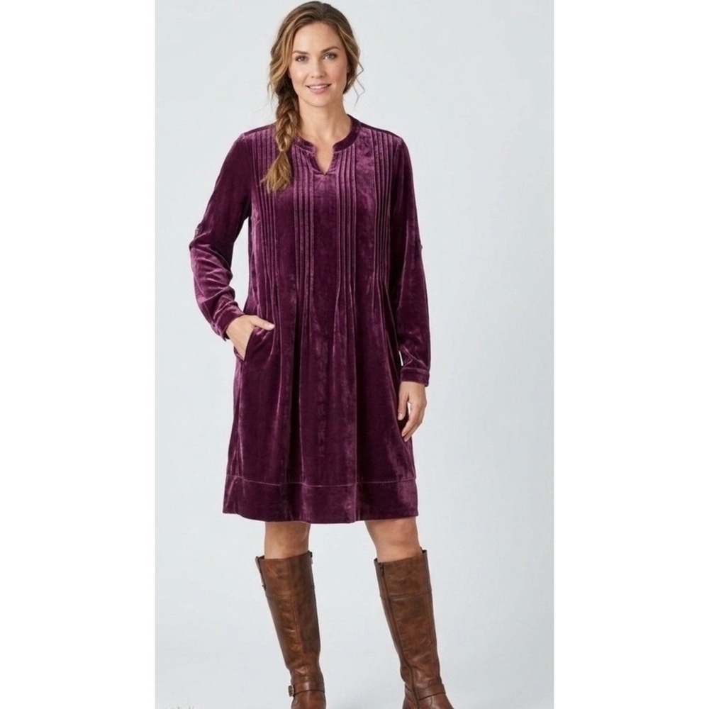 Coldwater Creek Womens Purple Velvet Pintuck Pleated Shift Dress Size M Pockets